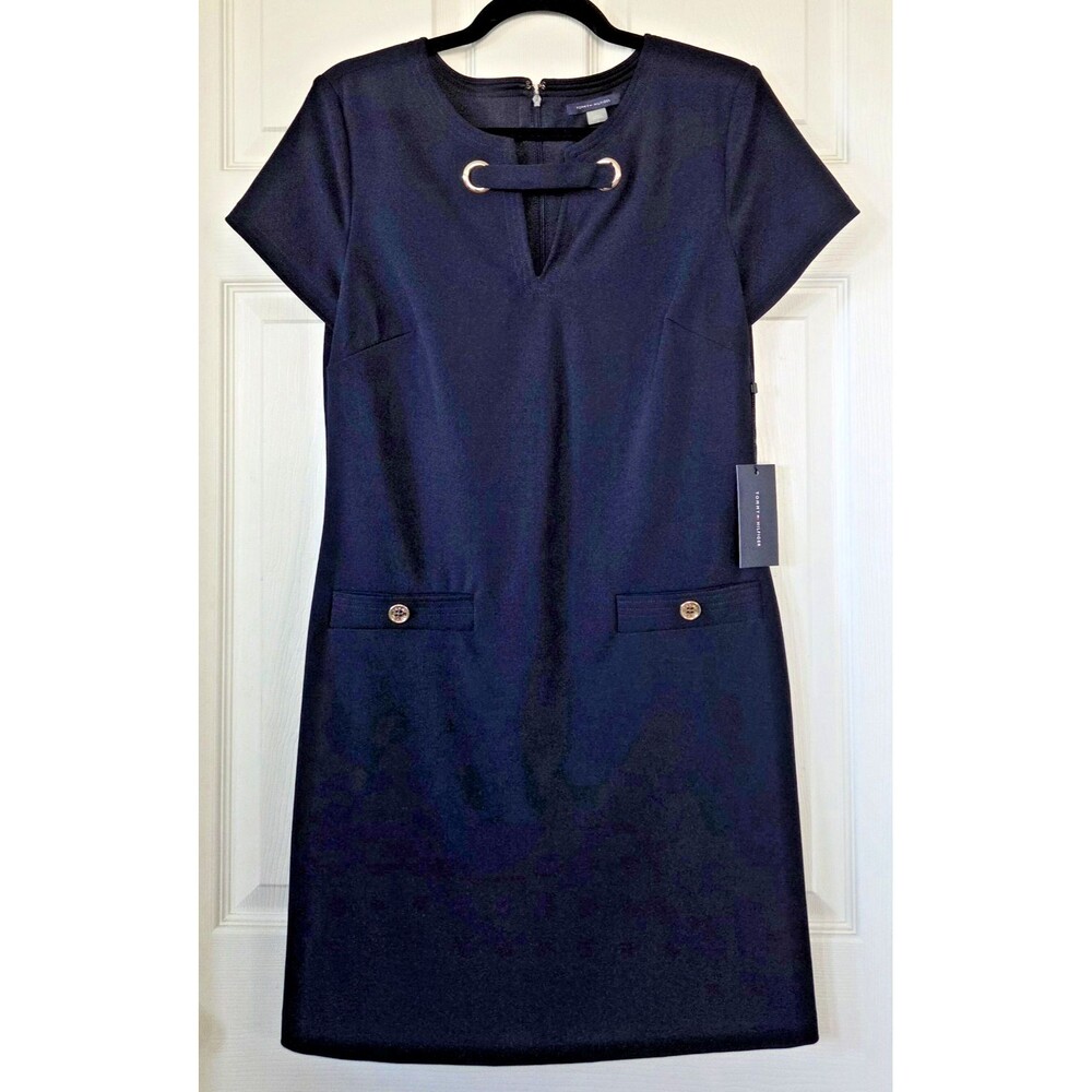 TOMMY HILFIGER Navy Blue Scuba Dress Short Sleeves Faux Pockets Size 8 NWT $99